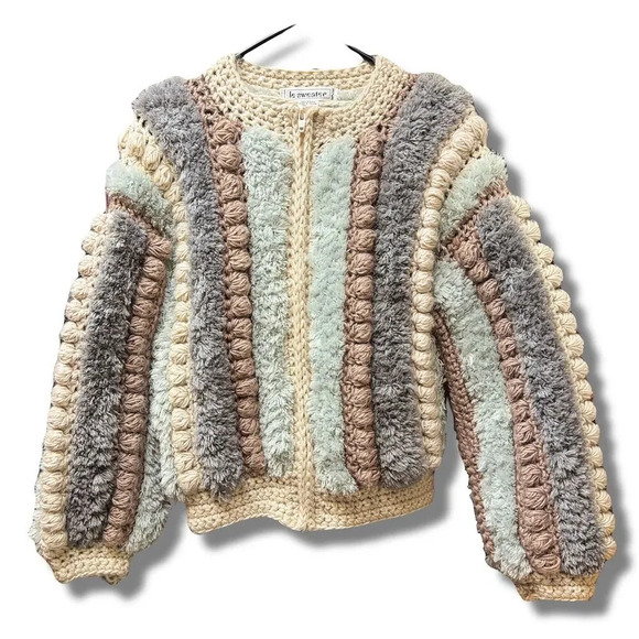 Vintage Le Sweater Women's S Striped Hand Knit Pom Pom Cardigan - Picture 2 of 7
